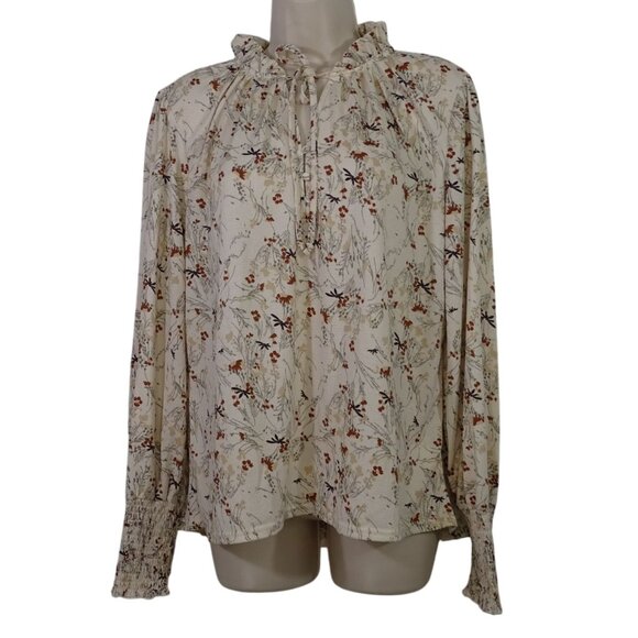 Melloday Floral Ruffle High Neck Button Blouse Women Size L Smocked Long Sleeves - Picture 1 of 11